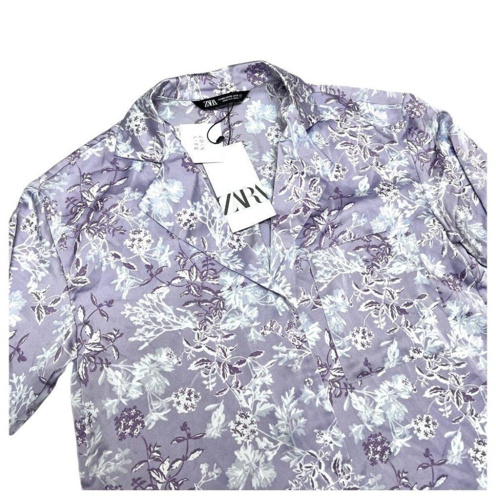 Zara Floral Flowy Button Down Blouse Pocket Collar Lilac Lavender